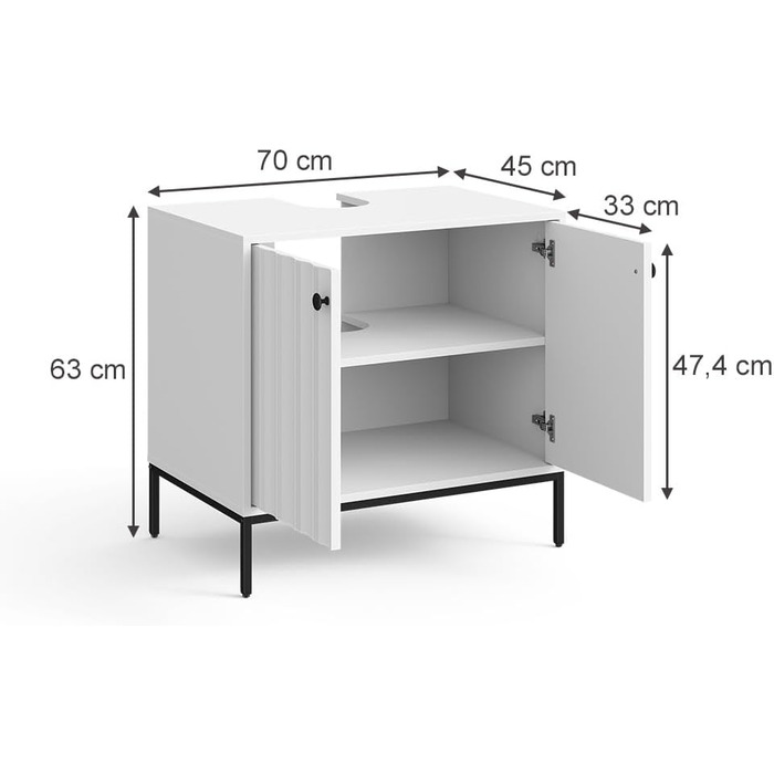 Підставка під раковину Vicco Eliza, 70x63 см, 2 дверцята, для зберігання аксесуарів та косметики (білий рифлений)