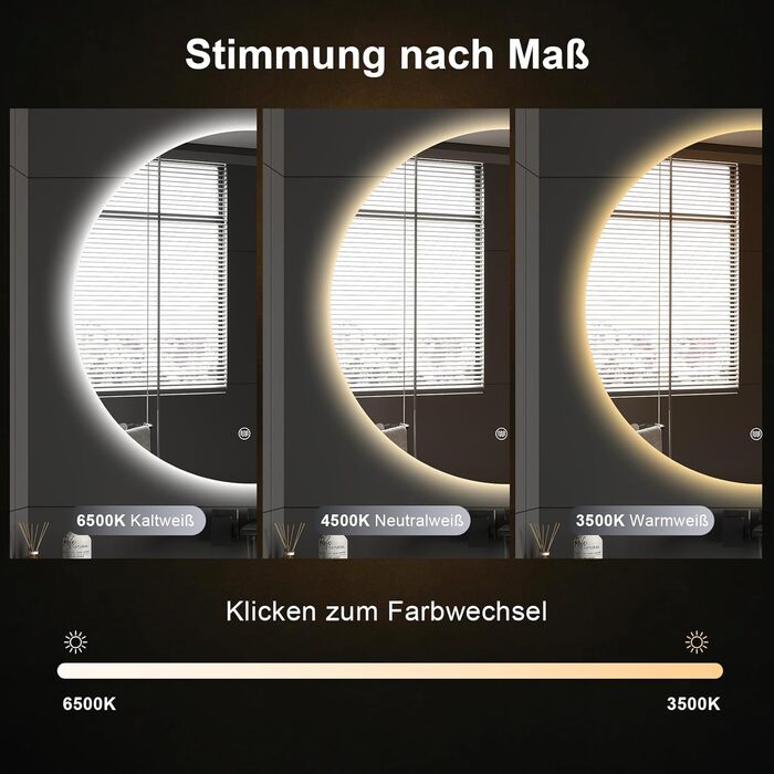 LED дзеркало для ванної кімнати з підсвічуванням, кругле, диммер, 3 кольори світла (3500K-6500K), сенсорне керування, протизапотівання, 80 см, для макіяжу та гоління