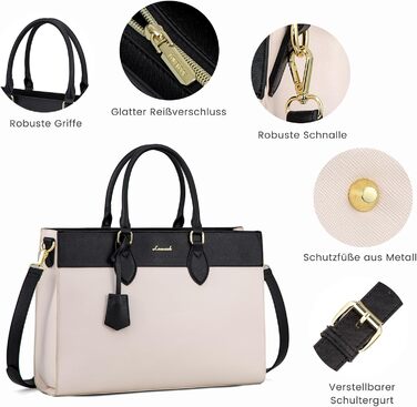 Сумка для ноутбука LOVEVOOK 15.6 дюймів, велика робоча сумка, водонепроникна сумка з PU шкіри, сумка-шоппер, акцентна сумка, сумка для навчання, сумка через плече для бізнесу, роботи, університету, школи (Бежево-чорна, M)