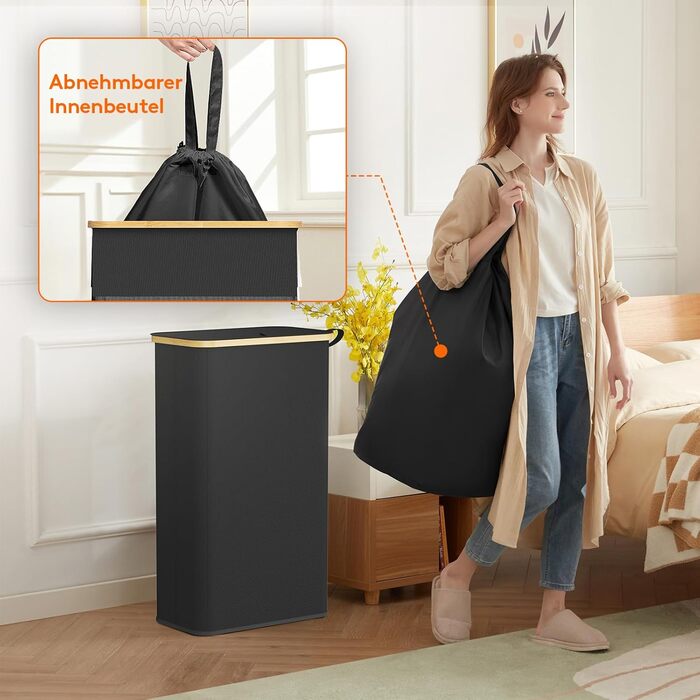 Кошик для білизни LifeWit з кришкою, вузький, складний, 75л, бамбук, з ручкою, чорний