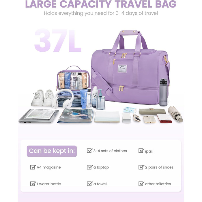 Спортивна сумка LOVEVOOK: дорожня, для вихідних, з культиватором, відділенням для взуття та мокрих речей, водонепроникна, пляжна, сауна, ручна поклажа, зелена (M, світло-фіолетова)