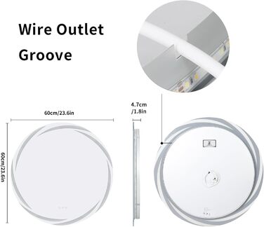 Круглий дзеркало для ванної кімнати LUVODI з підсвічуванням: LED дзеркало круглої форми 60 см з фоновою підсвіткою, 3 кольори світла, регулювання яскравості, сенсорна кнопка, запобігання запотіванню, енергозбереження, для ванної кімнати, для гостей, туале