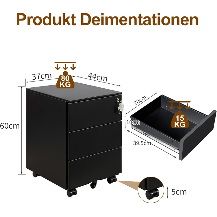 Роликовий контейнер HOMSTEEL з замком, 4 шухляди, металевий шафа, готовий до використання, для офісу та дому, білий (3 шухляди (44T x 37B x 60H cm), чорний)
