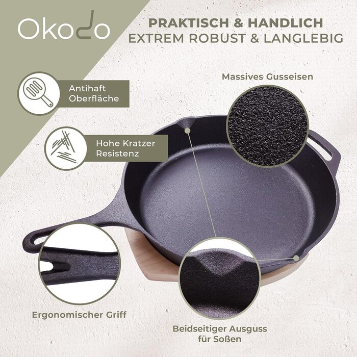Чавунна сковорода Okodo (Ø 31 см) в комплекті з підставкою з березового дерева та захистом ручки