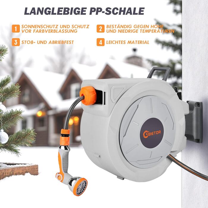 Висувна касета для садового шлангу на стіну, 2м шлангу + пістолет для поливу, повільне автоматичне змотування, фіксація шлангу на будь-якій довжині, поворотна кріплення 180°, максимальна довжина шлангу 30м