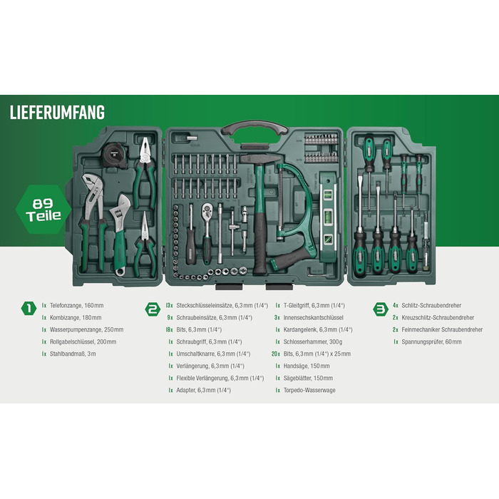 Набір інструментів Brüder Mannesmann 89 предметів, універсальний, сталь Cr-V: пила, молоток, плоскогубці, ключі, тріскачка, рівень M29085