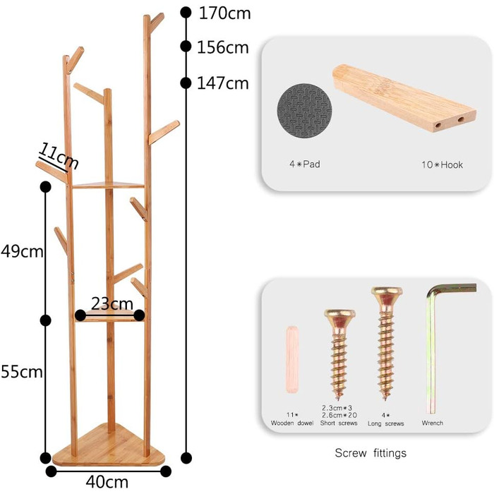 Стенд для одягу Unho з бамбука, 8 гачків, 3 полиці, для прихожей, офісу, спальні, кімнати очікування, для одягу, капелюхів, сумок