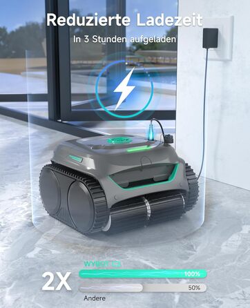 Робот-пилосос для басейну WYBOT C2: акумуляторний, для вбудованих басейнів до 150㎡, подвійне фільтрування, потужний мотор, чистка дна та стін, 180 хвилин роботи, керування через додаток (чорно-зелений-сірий)