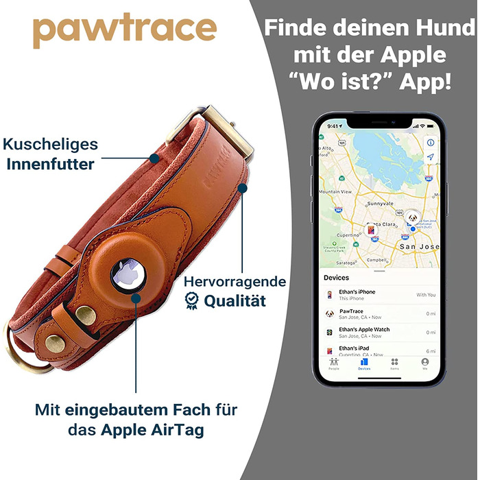 Шкіряний нашийник для собак Pawtrace для Apple AirTag 42-60 см коричневий (без AirTag)