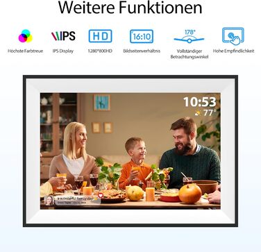 Цифрова фоторамка Frameo 10.1 дюймів WLAN, Full HD IPS сенсорний екран 1280x800, 32GB пам'ять, автоматичний поворот, можливість монтажу на стіну, керування через додаток Frameo (Чорна з білою рамкою)