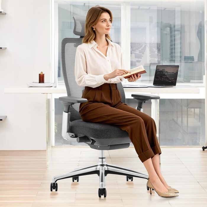 Офісний крісло Colamy XK Atlas з ергономічним дизайном, сітчаста спинка, регульована підголівник, поворотний крісло для комп'ютера з 4D підлокітниками, алюмінієва база, регульоване сидіння, фіксація нахилу, темно-сірий колір