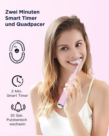 Електрична зубна щітка звукового типу для дорослих та дітей, 5 режимів чищення, 3 рівні інтенсивності, таймер, 8 насадок, чохол для подорожей, рожевий колір