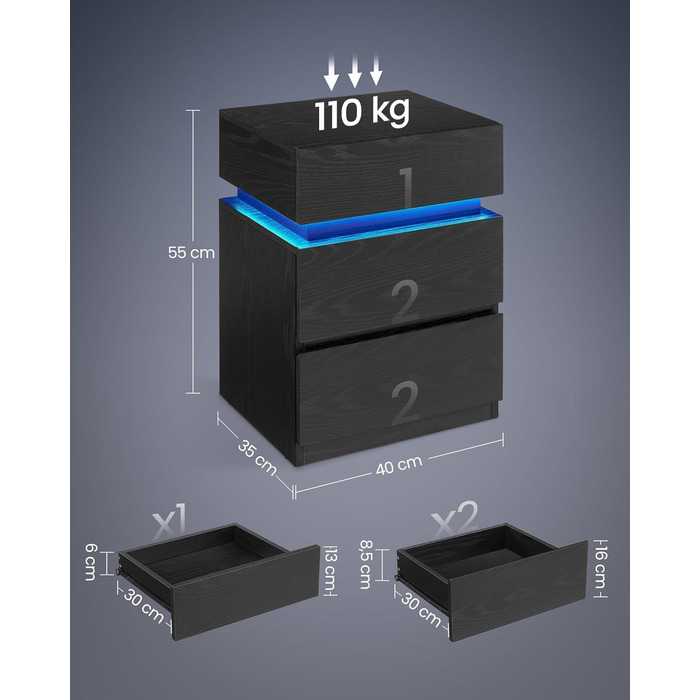 Тумбочка VASAGLE зі світлодіодом, 3 ящики, регульовані кольори, 35 x 40 x 55 см, чорний з текстурою дерева
