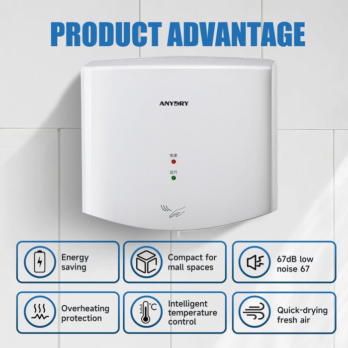 Anydry 2630S: Компактний електричний сушар для рук з автоматичним керуванням, для монтажу на стіну, для дому та комерційних приміщень, 1400-1650W, білий