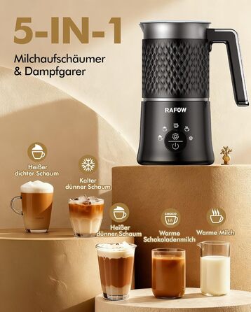 Електричний спінювач молока 5-в-1: автоматичний спінювач молока 350 мл, миється в посудомийній машині, для гарячого та холодного молока, капучино, лате, гарячого шоколаду