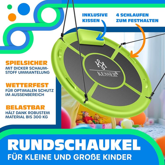 Шоукель KESSER® Tellershaukel Ø 120 см, до 300 кг, з подушкою та 4 ручками, регульована, для дітей та дорослих, зелений