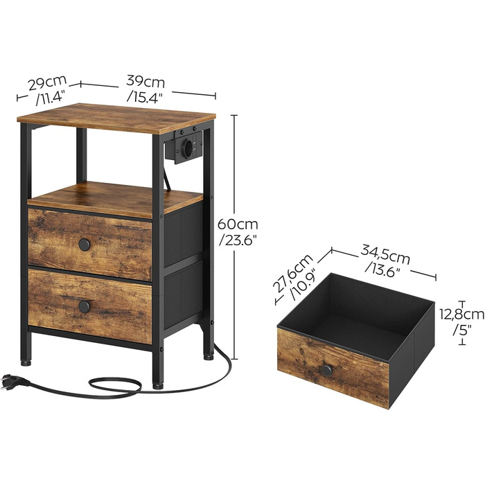 Нічний столик з підзарядкою, тумбочка з 2 шухлядами, приліжний столик з USB-портами та полицями, для вітальні, спальні, вінтажний коричневий та чорний XET02CBRY1