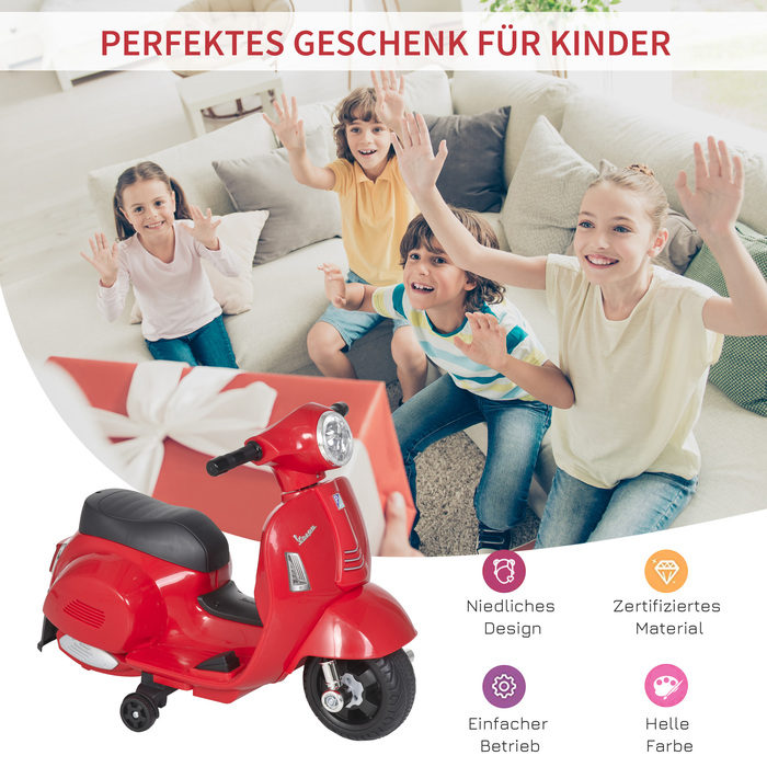 HOMCOM VESPA Електричний мотоцикл Дитячий мотоцикл Електромобіль 18-36 місяців 3 км/год Світлодіодне світло Звук PP Пластик Метал Червоний 66.5 x 38 x 52 см