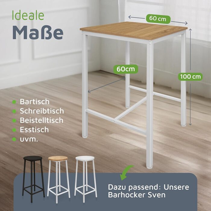 Барний стіл BeFair з дуба та білого кольору, 60x60 см, індустріальний дизайн, металеві ніжки, з підніжкою