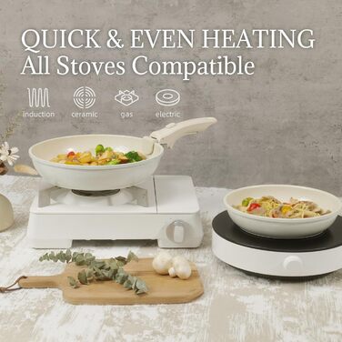 Набір каструль та сковорідок з керамічним покриттям 8 предметів з знімними ручками, індукційне дно, придатні для духовки та мийки, без PFAS/PFOA, кремово-білий