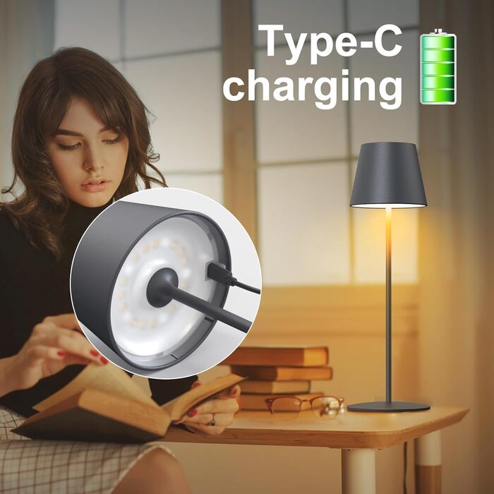 LED настільна лампа MALUX бездротова, торшера з торканням, диммування, тепле біле світло 2700K-4000K, металева, акумуляторна, вологостійка IP54, для саду, їдальні, спальні, робочого кабінету, балкону, готелю (темно-сірий), (сірий) 1 шт.