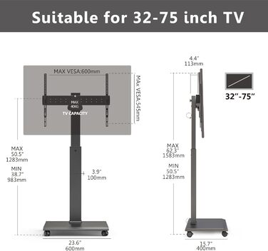 Підставка під телевізор FITUEYES Rollable для телевізорів 32-75 дюймів, регульована по висоті, до 40кг, VESA 600x400 мм