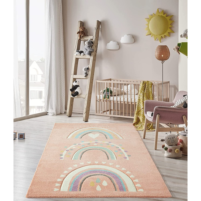 Сучасний м'який дитячий килим, м'який ворс, легкий у догляді, стійкий до фарбування, яскраві кольори, Райдужний візерунок, (120 x 170 см, рожевий)
