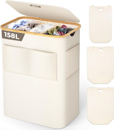 Кошик для білизни OUSFOT з кришкою, 3 відділення, 158л, розкладний, з мішком для білизни, з кишенею, бамбукова коробка для сортування білизни, бежевий