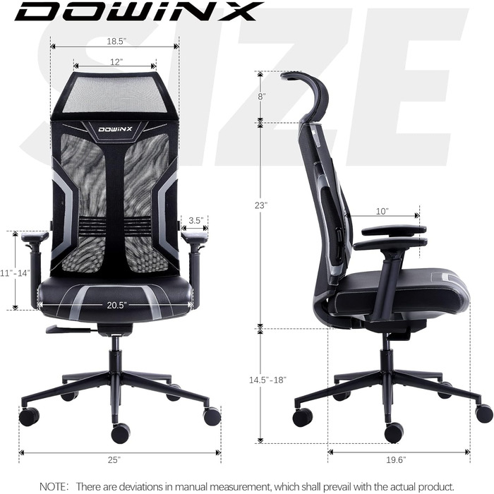 Ігровий крісло Dowinx для офісу та дому: ергономічне, з 3D підлокітниками, функцією гойдання, шкіряне, поворотне, чорно-сіре