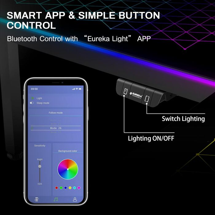 Ігровий стіл EUREKA ERGONOMIC з RGB-підсвічуванням 110 см - скляний комп'ютерний стіл для геймерів з керуванням через додаток