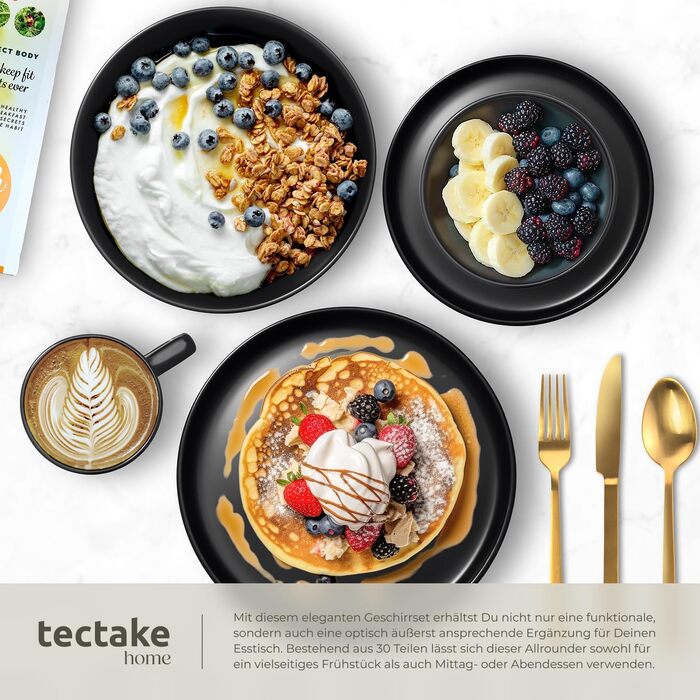 Набір посуду Tectake® 30 предметів: тарілки, миски, чашки, тарілки для їжі та сніданку, глибокі тарілки, миски. Чорний набір посуду з каменю, 6 осіб.