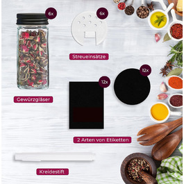 Набір баночок для спецій [24 x 120 мл] з 301 етикеткою німецькою мовою | Матові чорні кришки | Контейнери для спецій з металевими кришками та дозатором. Кутові баночки для спецій, набір 24 шт. (Чорний - 6 - Металеві кришки)