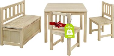 Дитячий меблевий набір Bomi Anna: стіл, 2 стільці та лавка-сховище | Меблі для дитячої кімнати з FSC сертифікованого дерева | Білий (натуральний)