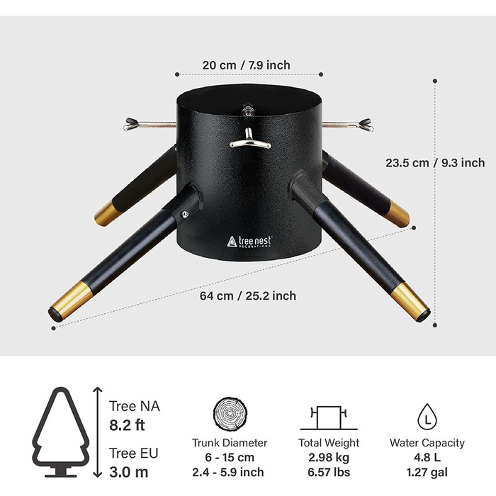 Металева підставка для різдвяної ялинки Tree Nest для справжніх дерев, довжина до 3 м, не потрібно комір для різдвяної ялинки або традиційна спідниця для ялинки Сім'я(Гранд) (чорний і золотий, L)