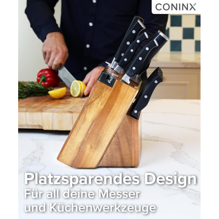 Блок для ножів Coninx Universal з інтегрірувачем – Тримач для ножів з акації на 15 слотів – Стійкий підставка для кухонних ножів, хлібного ножа, ножа для стейка та ножиць, коричневий з інтегрірувачем