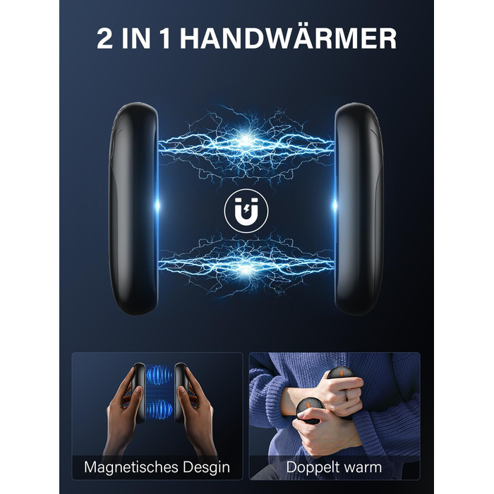 Електричні грілки для рук 2 шт. - ультралегкі, багаторазові, з USB-зарядкою, 3 режими нагріву, до 24 годин роботи, для активного відпочинку взимку (чорні, магнітні)