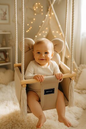 Дитяча гойдалка для дому та вулиці | Bär Light Beige Velvet | Гойдалка для малюків | Дерев'яна гойдалка для дітей | Гойдалка для дверного отвору