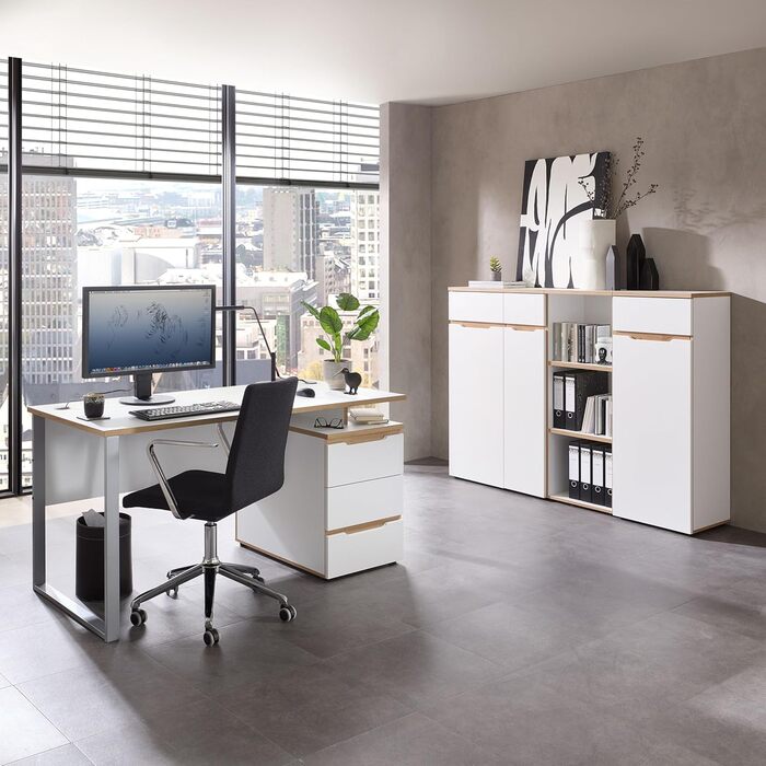 Роликовий контейнер Stella Trading Memphis – білий з імітацією дуба Artisan, 45 x 66 x 55 см – мобільний офісний шафчик з шухлядами