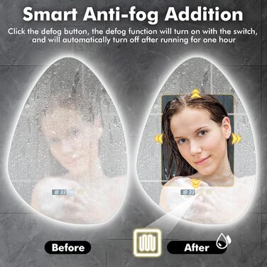 Круглий дзеркало для ванної кімнати з підсвічуванням, 60 см, антизапар, LED, Bluetooth, сенсорне управління, 3000K-4000K-6500K, регулювання яскравості, HD-загартоване скло, дзеркало для ванної кімнати з підсвічуванням (500x700 мм, краплеподібної форми)