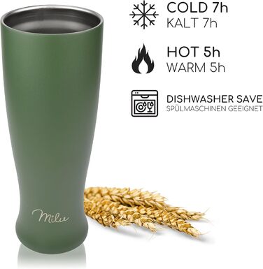 Термокухоль для пива Milu Weizenbierglas з нержавіючої сталі, 500 мл, оливково-зелений - ізольований пивний кухоль з кришкою, подарунок для чоловіків