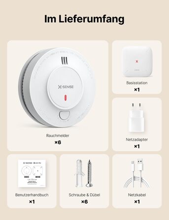 X-Sense Детектор диму з Wi-Fi, 10 років роботи батареї та базовою станцією SBS50 (6 шт.), фотоелектричний, бездротовий, SD19-MN61, білий