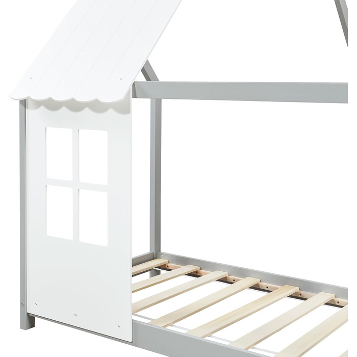 Дитяче ліжко Tostedt en.casa: ліжко-будиночок, ліжко для підлітків, ліжко-ігровий будиночок, напіввідкритий дизайн, ліжко Монтессорі з масиву сосни, 120x200 см, рожево-біле