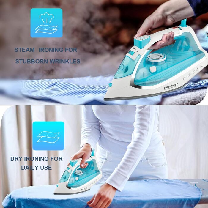 Парова праска з керамічною підошвою, самоочищення, 340 мл резервуар для води, 3000 Вт, автоматичне вимкнення (зелена/блакитна)