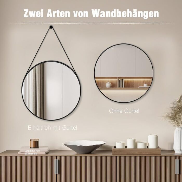 Круглий дзеркало Boromal Schwarz діаметром 40 см з реміннем, велике кругле дзеркало для ванної кімнати, спальні, вітальні, передпокою, з підвішуванням на стіну, з шкіряним реміннем