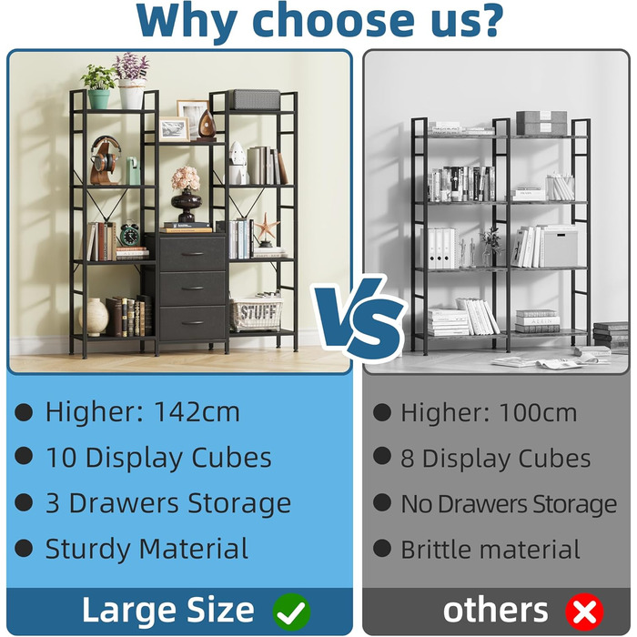 Стильна полиця-стеллаж з 4 висувними ящиками з тканини, 142 см, чорний колір. Ідеально для вітальні, офісу, кухні, балкону. Книжкова полиця, стелаж-куб, полиця для зберігання.