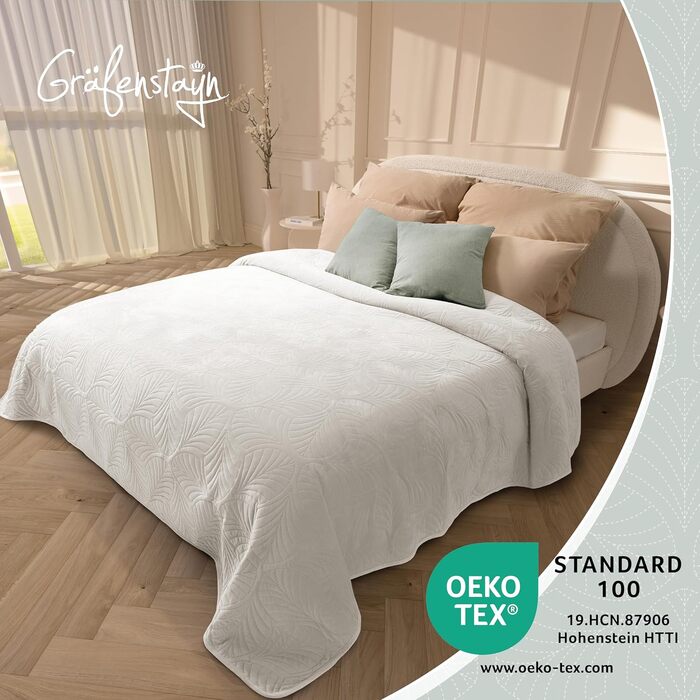 Преміум ковдра-плед Gräfenstayn 240x260 см – надзвичайно м'яка, безшовна стежка, дизайн з листям, для ліжка та дивану (кремовий)