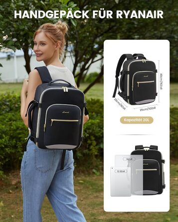 Рюкзак LOVEVOOK для ручної поклажі Ryanair, 40x20x25 см, для ноутбука 13.3 дюйма, чорний/сірий, підходить для Eurowings, Wizz Air