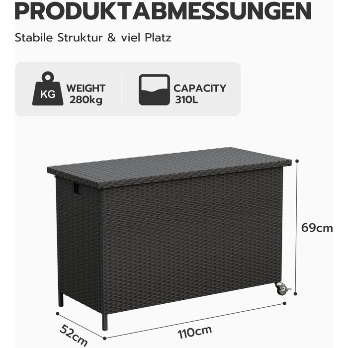 Водонепроникний садовий ящик Amopatio Gartenbox 480л з поліротангу, металевий ящик для подушок на колесах з газліфтом для саду та балкону (чорний)