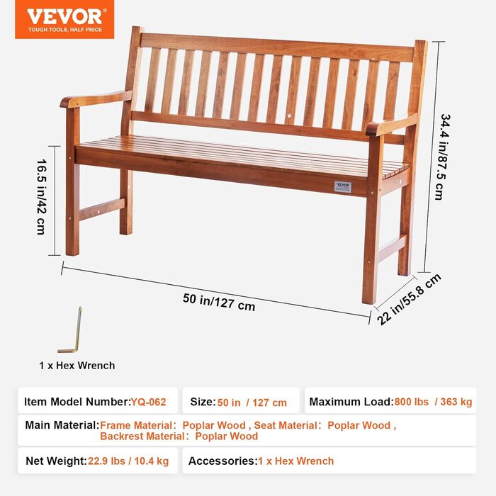 Металева лавка VEVOR для саду, тераси, парку – міцна, на 3 особи, з підлокітниками та спинкою, 127 см, вінтажний дизайн