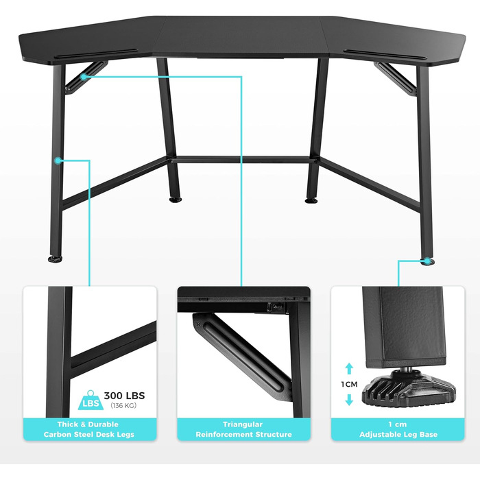 Ігровий стіл EUREKA ERGONOMIC 160x74 см - великий стіл у формі крила для ігор, ПК, дому, офісу, стрімінгу. 2 слоти для iPad. Чорний.